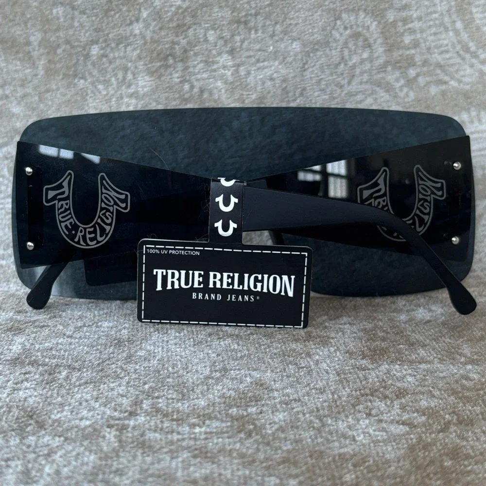Brand New True Religion Black Rimless Shield Sunglasses Retro Wide Arm Horseshoe